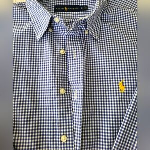 Ralph Lauren Blue and White Gingham Casual Button Down With Yellow Pony